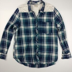 Lucky Brand Navy, Green and White Plaid Crochet Back‎ Button Down Shirt Size  M